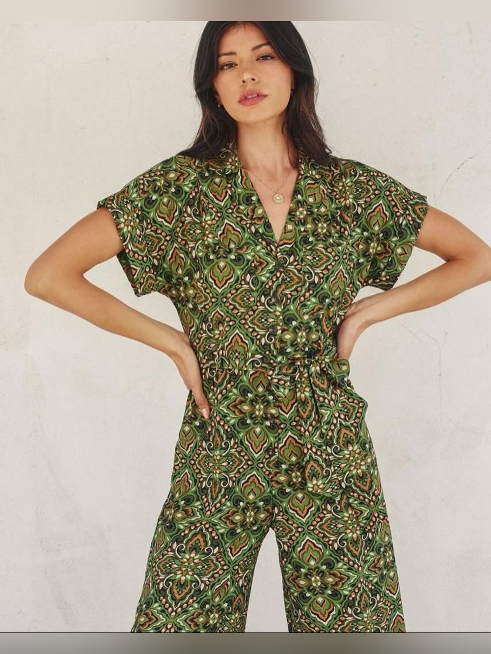 NWT Avara Dress Forum Green Orange Claire Wide Leg Jumpsuit Sz L Boho Chic Girly